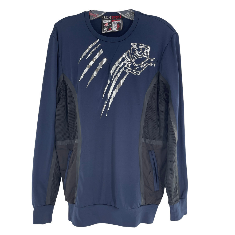𝅺new PHILIPP PLEIN SPORT NAVY LONG SLEEVE SHIRT WITH SILVER TIGER